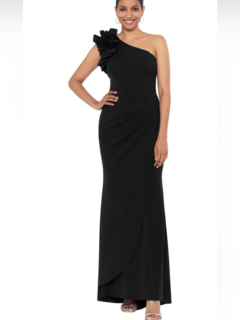NWT Xscape Black One-Shoulder Evening Gown with Floral Shoulder Detail, 8